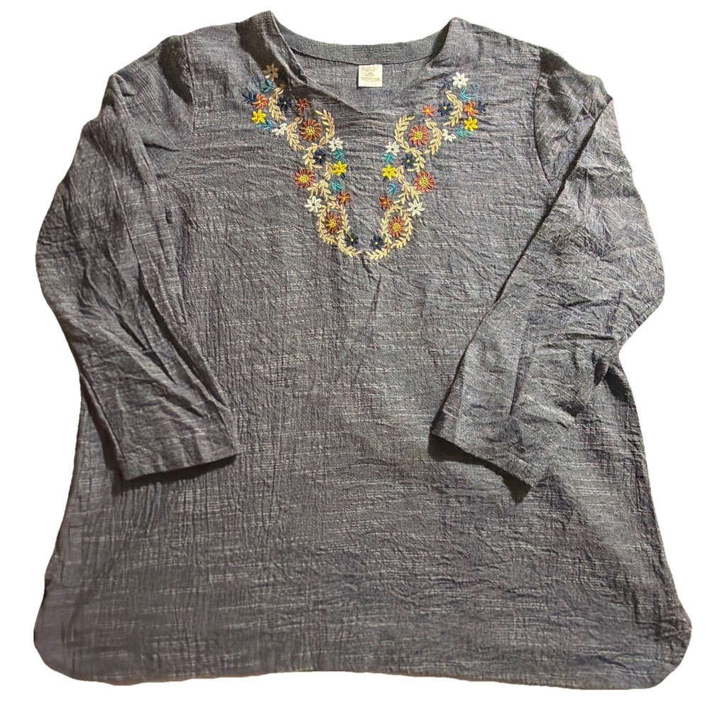 Unbranded Women's XXL Blue‎ Floral Embroidered Tunic Top Cotton Linen Blend